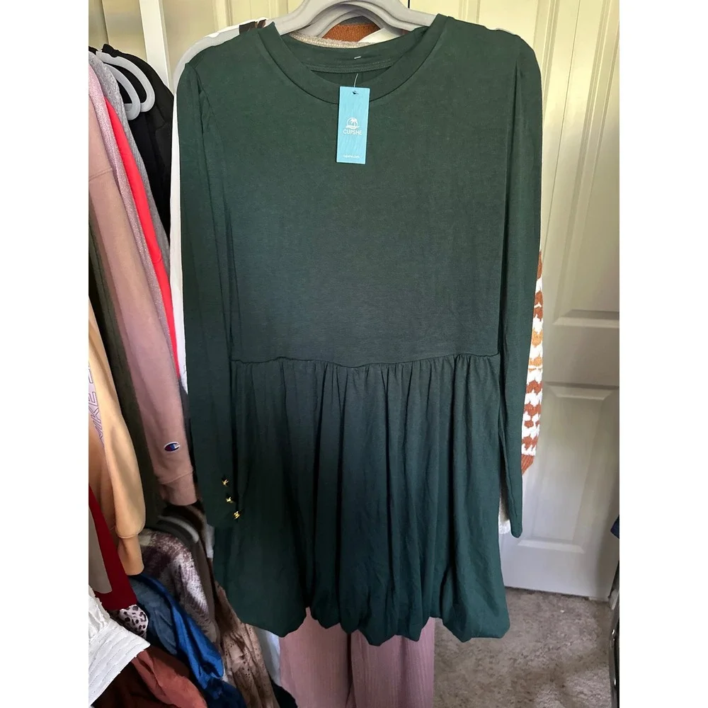 Cupshe Womens Dark Green Long Sleeve Bubble Hem Mini Dress Gold Buttons XL NEW - Picture 5 of 6
